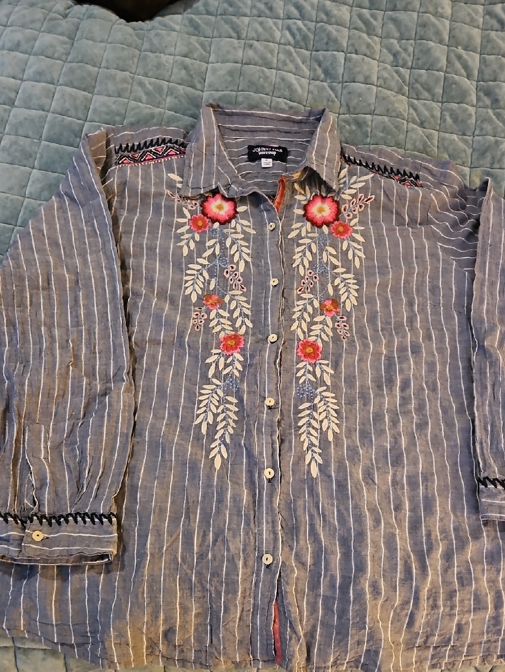 Johnny Was Blue Striped Button-Down Shirt with Pink Floral Embroidery